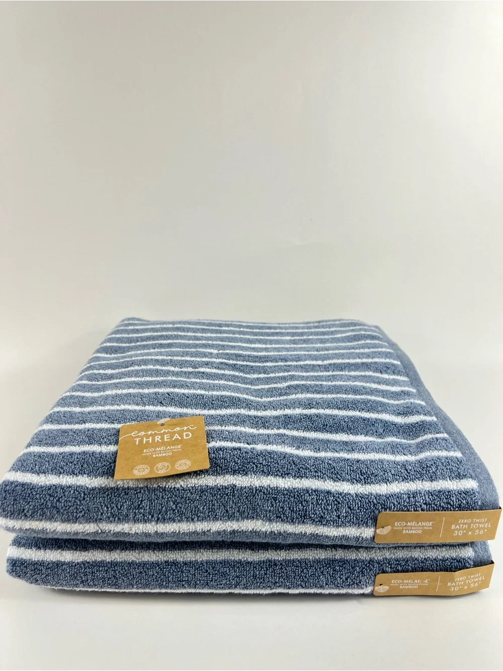 Common Thread Bath Towels Bamboo Blue White Wide Stripe Cotton 2 Pc Set NEW